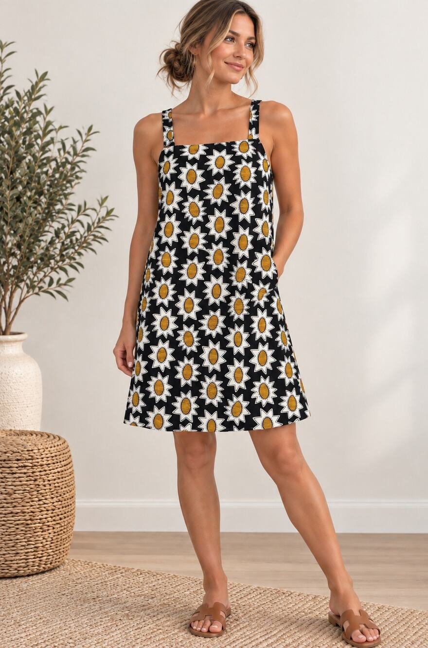 Gudrun Sjoden Sunflower Print A-Line Dress Black Yellow Small Cotton Artsy Boho